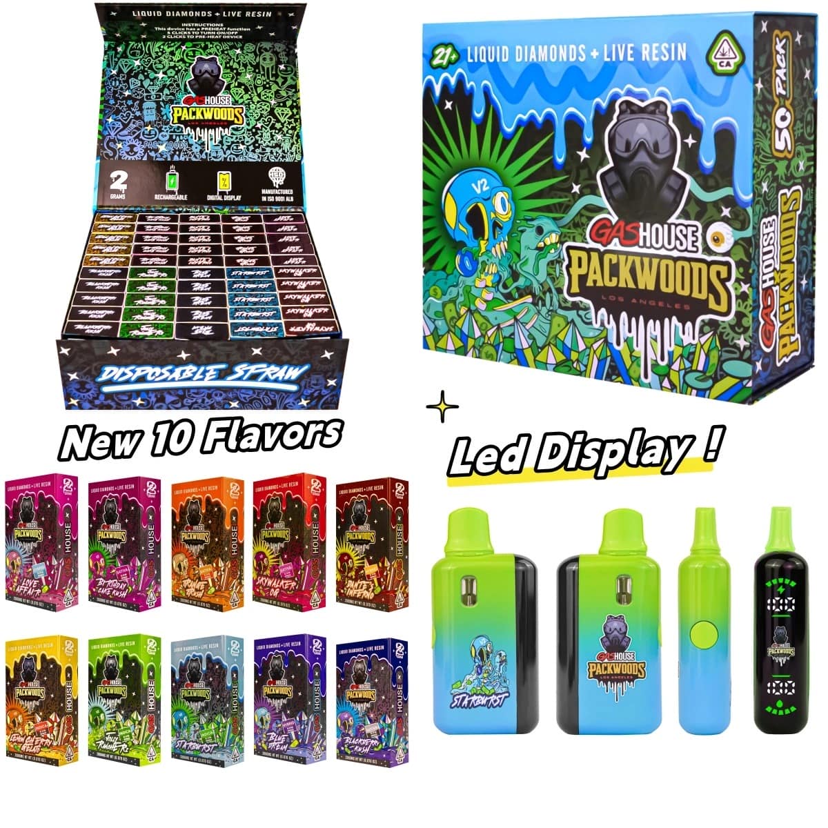 gas house v2 x packwoods 2g disposable vape – led display | preheat | rechargeable